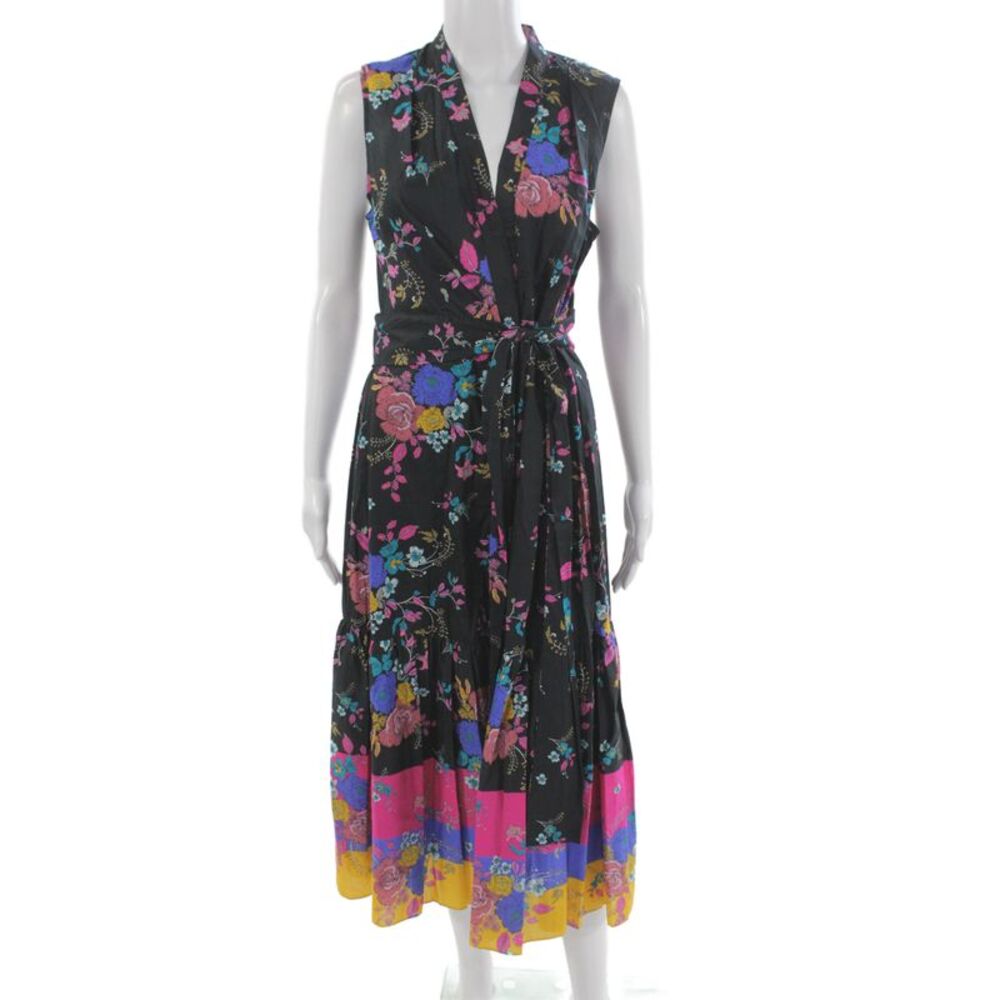 Kobi Halperin Women Black Floral V-Neck Sleeveless Maxi Wrap Dress Size M